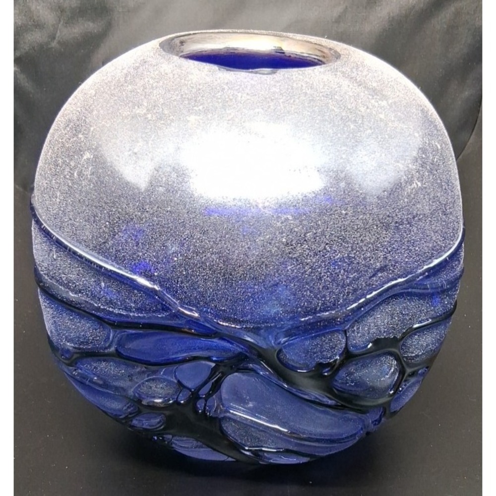 Vintage Beautiful‎ Hand-blown, Blue Scavo Glass Vase with Sculpted Elements